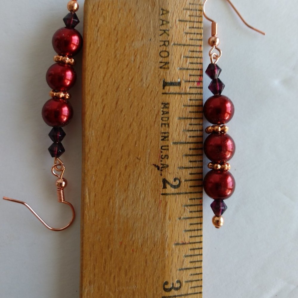 Red Faux Pearl Earrings On Copper Plated Brass Fishhooks Handmade 2.375 inches - Picture 13 of 16